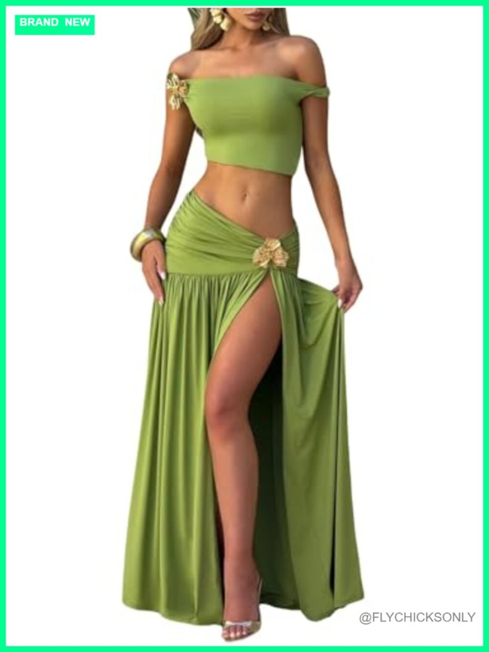 Sleeveless Off-Shoulder Crop Top High Split Maxi Skirt 2 Piece Set Party